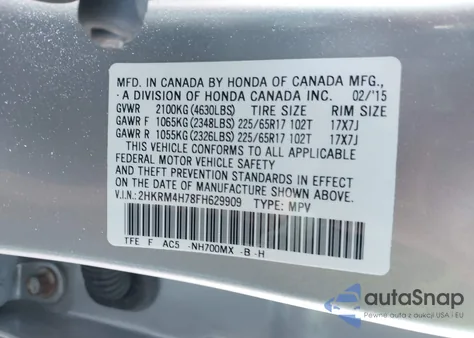 2015 Honda Cr-V Ex-L z USA, uszkodzony, nr VIN 2HKRM4H78FH629909